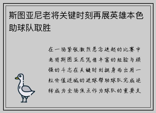 斯图亚尼老将关键时刻再展英雄本色助球队取胜